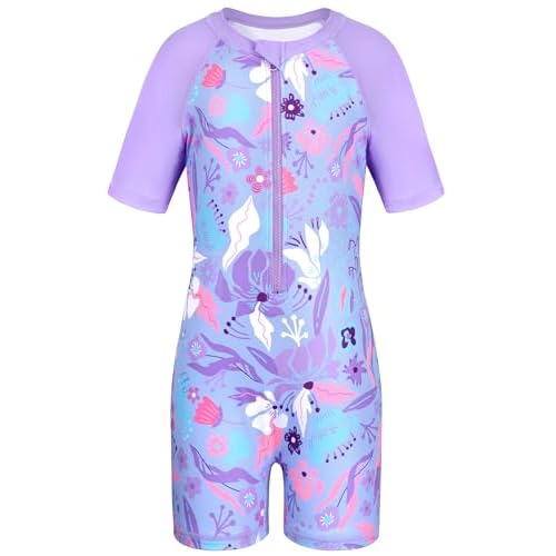 HOZIY Girls Rash Guard Swimsuit One Piece Short Sleeve Front Zipper Swimwear UPF 50+ Bathing Suits 4-14Y 6-7 Years Purple Floral