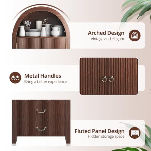 FURSUN 71" Tall Fluted Arched Cabinet with Doors, Wood Pantry Storage Cabinet with 2 Large Drawers, Modern Versatile Bookcase for Living Room, Kitchen, Dining (Dark Walnut)