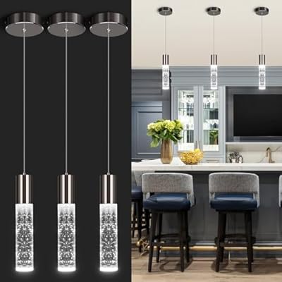 OKELI Modern Pendant Lights, LED Bubble Crystal Kitchen Island Lights Fixtures, Black Mini Single Pendant Lighting for Kitchen Island Bar,6W,6000K, ETL,3Pack