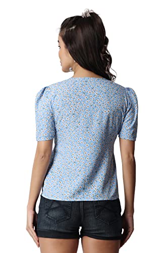 Image of POPWINGS Casual Printed Puff Sleeves Round Neck Top for Women || Stylish Summer Tops for Women || Hip-Length Women Top