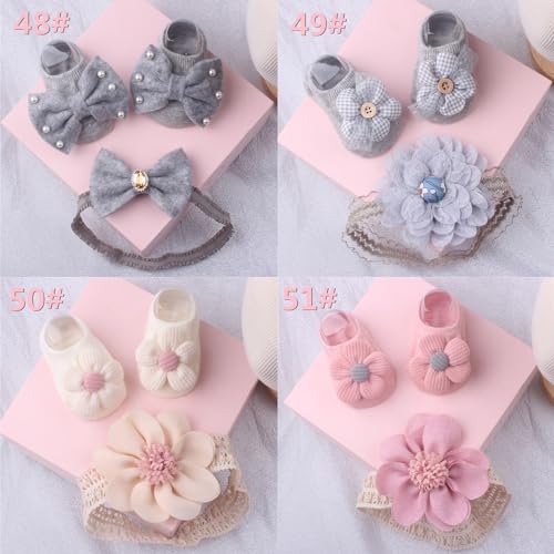 Baby Bow Headband & Socks Set for 0-1Y Boy Girl Elastic Lace Headdress Infant Floor Socks Newborns Accessories Baby Hairband Socks Set3