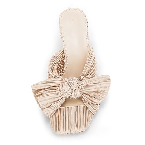 Image of Coutgo Womens Bow Heeled Sandals Pleated Bowknot Heels Open Square Toe Cute Kitten Heel Mules Slip On Wedding Dress Shoes