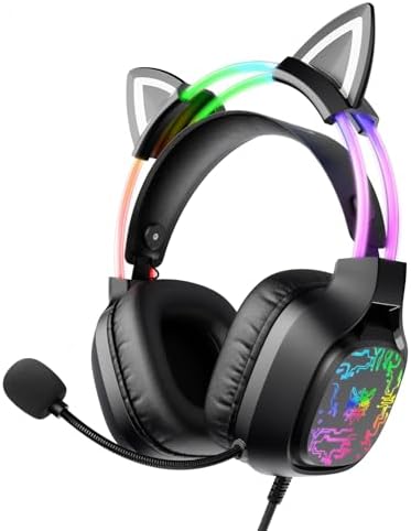 ONITOON Gaming Headset with Microphone, RGB Lights, Detachable Cat Ear, Lightweight Over-Ear Headphones with Adjustable Headband for PC, PS4, PS5, Mac, Switch, Surround Sound, in-Line Control, Black