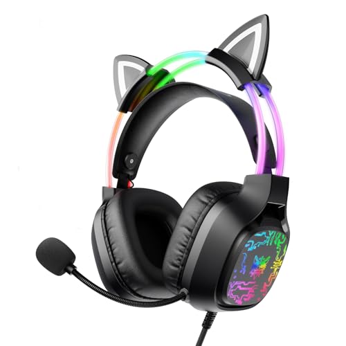 ONITOON Gaming Headset with Microphone, RGB Lights, Detachable Cat Ear, Lightweight Over-Ear Headphones with Adjustable Headband for PC, PS4, PS5, Mac, Switch, Surround Sound, in-Line Control, Black