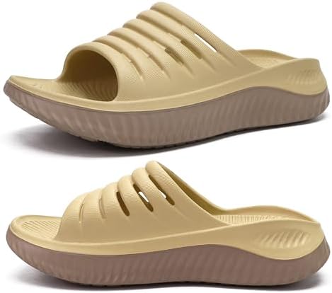 KUAILU Womens Recovery Sandals Comfortable Plantar Fasciitis Arch Support Ladies Orthopedic Running Sport Slides Open Toe Slip On Thick Athletic Cushion Slippers Summer Pool Beach Sandles KhakiBrown 9
