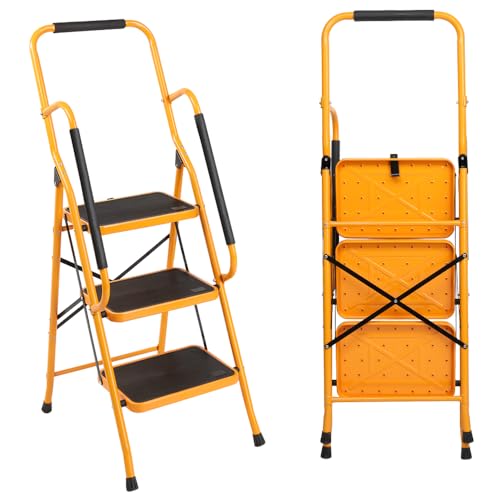 Image of 3 Step Ladder with Handrails Folding Step Stool with Anti-Slip Wide Pedal, Ladders for Home Kitchen Pantry Office, 330 lb Sturdy Steel Ladder for Adults Portable, Yellow