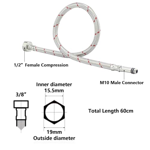 2Pcs Flexible Tap Connectors Tap Tails M10 (10mm) X 3/8" Fitting 60cm Long Flexible Pipe, Braided Tap Connector - Image 2
