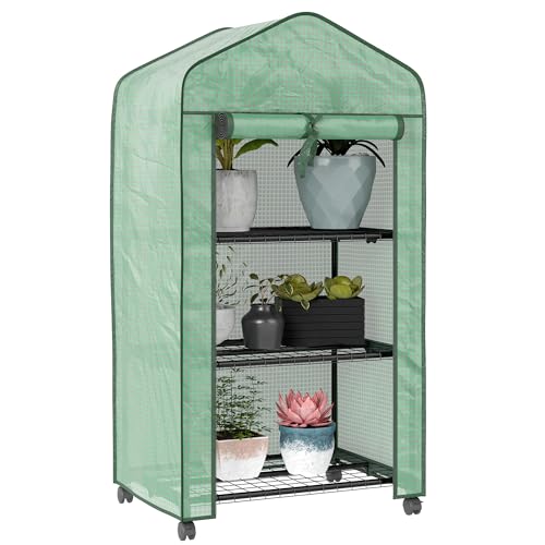 Outsunny 3 Tier Mini Greenhouse with Reinforced PE Cover and Wheels, Portable Small Greenhouse with Roll-up Door and Wire Shelves, 130H x 69W x 49D cm, Green