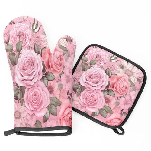 Pink Roses Oven Mitts Kitchen Oven Gloves for Cooking Baking Heat Proof Lining Cotton Kitchen Potholder Mittens Pot Holders Hot Pads for Chef Women Men