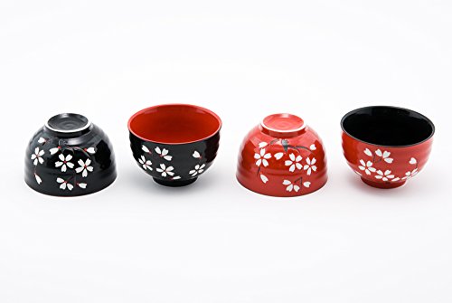 Hinomaru Collection Japanese Traditional Ceramic Rice Bowl Set Of 4 Red And Black Cherry Blossom Sakura Decorative Gift Pack Multi Purpose Attractive Design #TOP3