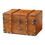 Caja de madera retro con llave, caja de recuerdo de joyería de estilo antiguo y pequeña caja fuerte para