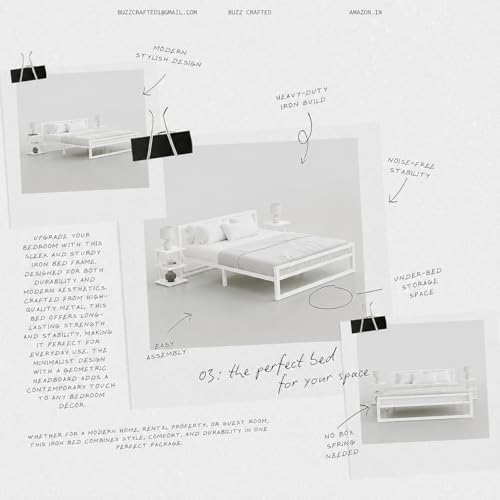 Image of Queen Size Metal Bed Frame | Queen Metal Bed | Queen Iron Bed | QueenSize Steel Bed | Heavy Duty Platform Bed | Wrought Iron Bed | Double Bed Cot | Steel Slats | No Box Spring Needed |White