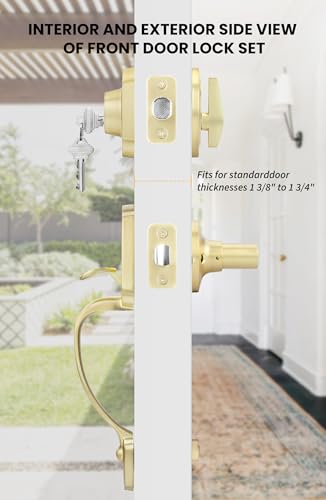 Image of Goldenwarm Double Front Door Lock Set, Gold Double Door Handlewith Dummy, Double Classic Front Door Hardware Set with Reversible Wave Handle Lever, Double Entry Door Lock Set