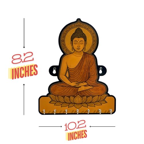 Image of Lord Buddha Wooden Key Holder - MDF UV-Printed Peaceful Wall Decor (8.6 x 9.4 in) | Key Hanger for Living Room, Bedroom, Guest Room & Home Decoration