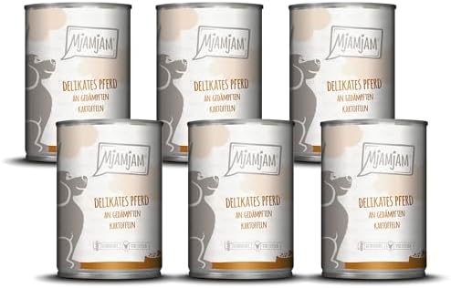 MjAMjAM - Premium Nassfutter für Hunde - delikates Pferd an gedämpften Kartoffeln, 6er Pack (6 x 400g), getreidefrei mit extra viel Fleisch