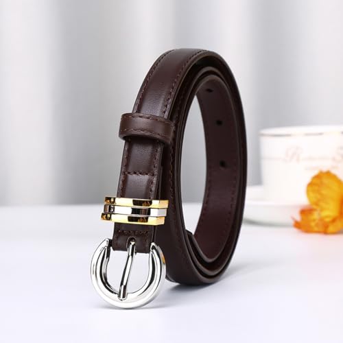Women Stitched Skinny Leather Belt 18mm Thin Waist Strap with Bright Silver Circular Buckle for Jeans Pants Dress2