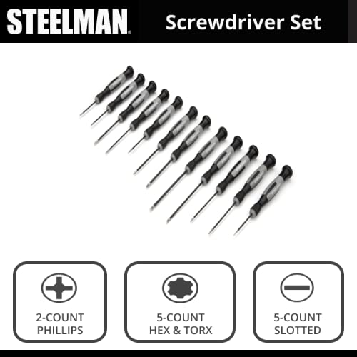 Steelman 12-Piece Diamond Tip Precision Electronics Screwdriver Set, Variety Of Slotted/Phillips/Hex/Torx Sizes, Swivel-Head, Magnetized Tips #TOP6