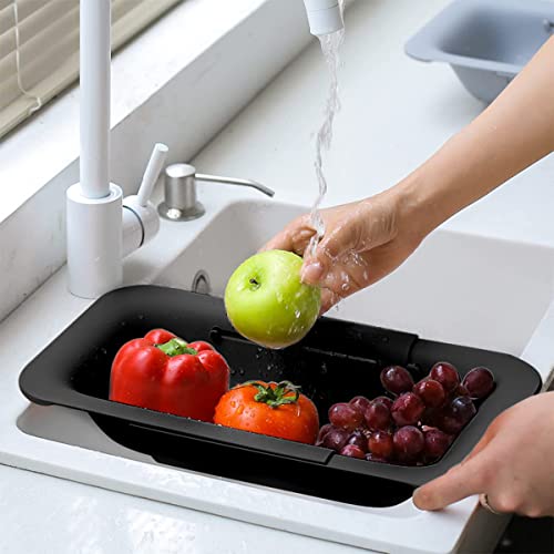 Image of Collapsible Sink Colanders and Strainers Basket Extendable Plastic Fruit Vegetable Strainer Drainer Basket for Kitchen (Length 13.6 inch-18.7 inch) (Black) 6 * 10