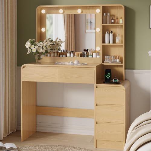 TOKSOM Vanity Table with Drawer Dresser, 39.3”Farmhouse Vanity Makeup Desk with Charging Station, Vanity Desk with Lights Mirror & 5 Drawers for Makeup, Vanity Desk with Multi Storage Shelves Natural