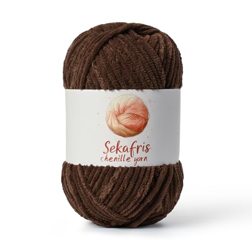 Image of Chenille Yarn for Crocheting, Size 5 Bulky,Coffee