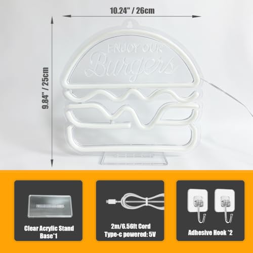 Image of Burger Neon Sign, Type-C & USB Powered Neon Lights with Base Stand | Cute LED Food Neon Signs for Kids Bedroom, Game Room, Kitchen, Desk & Wall Art, Aesthetic Room Decor Gift, Hooks Included