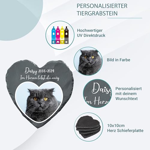 Bl4ckPrint Grabplatte Hund und Katze mit Foto und Gravur in Herzform | Grabmal Wetterfester Gedenkstein Grabstein mit Foto Tiergrabstein 10x10cm