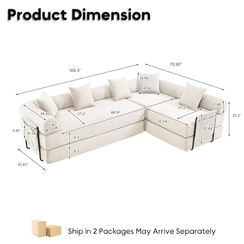 Image of L-Shape Modular Sectional Sofa Bed, Corduroy Boneless Couch, Beige White