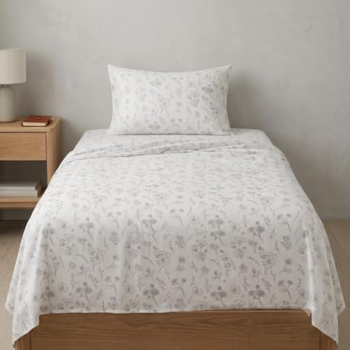 Image of Linen Home Cotton Percale Flat Bedsheet Set Single Size Floral Grey