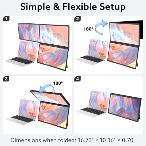 Image of 18.5'' Portable Triple Monitor, One Cable Laptop Screen Extender, FHD 1080P Quad Monitor, Built-in Stand Compatible with Windows Mac, Fits 10 inch-18 inch Laptops(Driver Need)