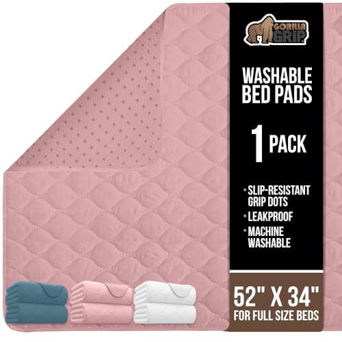 Image of GORILLA GRIP Washable Reusable Underpads, 34x52, Pink | Heavy Absorbency Incontinence Bed Wetting Pads, Leak Proof Toddler Mattress Pad, Slip Resistant Protector for Adults and Kids