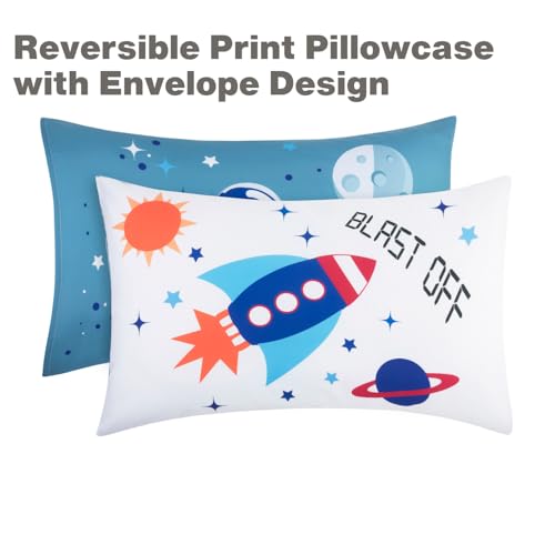 EVERYDAY KIDS 4 Piece Toddler Bedding Set - Outer Space Adventures - Includes Comforter, Flat Sheet, Fitted Sheet and Reversible Pillowcase