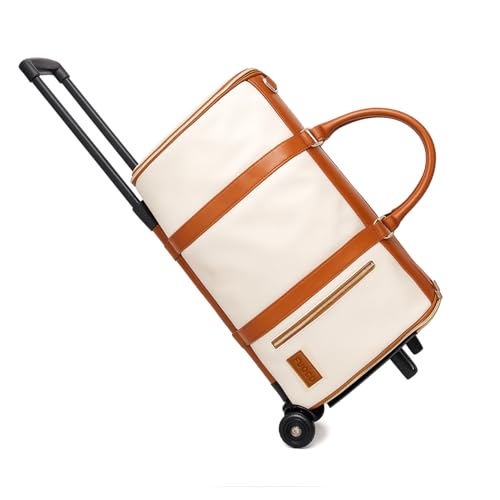 Image of FUOCO Carry On Travel Trolley Bag, PU Leather Mega Garment Duffle Bag for Women Men, Convertible Duffle Bag for Travel, 2 in 1 Hanging Suitcase Suit Traveling Bag 1 Year Warranty (White Tan)