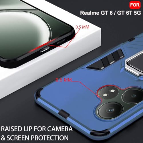 Image of TheGiftKart Tough Armor Bumper Back Case Cover for Realme GT 6 / GT 6T 5G | Ring Holder & Kickstand in-Built | 360 Degree Protection Back Case Cover for Realme GT 6 / GT 6T 5G (PC & TPU, Blue)