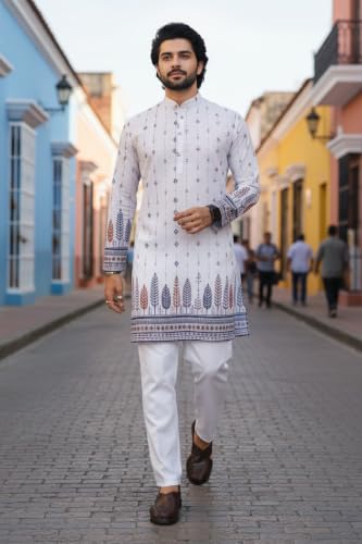 Image of Trustous Men's White Printed Kurta | Stylish Ethnic Wear Kurta for Men | Regular Fit Traditional Kurta | Festive, Wedding, Party & Casual Wear