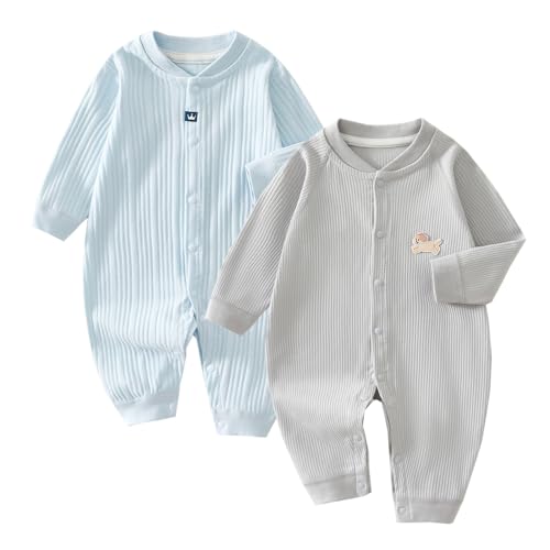 [Reegoo Peter] ベビー服 男の子 女の子 ロンパース 新生児 肌着 無地 寝間着 インナー ブルー＆グレー 0-3ヶ月