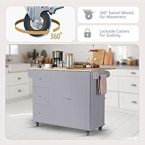 MFSTUDIO Rolling Kitchen Island on Wheels with Drop Leaf Mobile Kitchen Island Cart with 3 Drawers Storage Cabinet Wood Countertop Adjustable Shelf Towel Bar and Spice Rack for Dining Room Grey