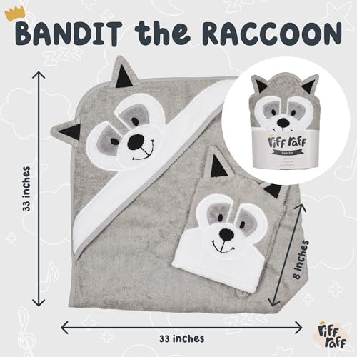 Image of Riff Raff Smart Racoon Hooded Towel - Premium Cotton Baby Towel with Mitt Set - Ultra Soft Machine Washable Cartoon Hooded Baby Towels - Baby Towels with Hood for Newborn Baby, Infants, Toddlers