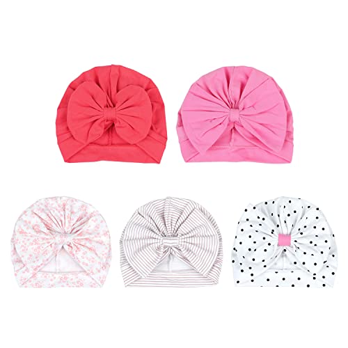 Baby Girls Turban Hats Big Bows, 5PCS Baby Girl Hats, Soft Hospital Hat for Newborn Infant Toddlers Girls3