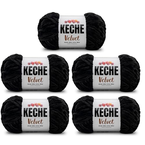Image of Keche Velvet Yarn for Crocheting, Soft Chenille Bulky Baby Blanket Amigurumi Yarn 3x100 gr (5x132 yds) (5- Skeins) - Black
