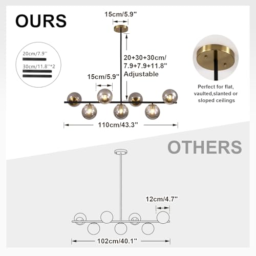Image of KCO 7-Light Mid Century Modern Black Brass Gold Linear Sputnik Chandelier | E26 Bulb Included, 5.9 inch Canopy, Adjustable Height, 5.9 inch Smoke Glass Globe Pendant Light for Sloped Ceiling Dining Room Table