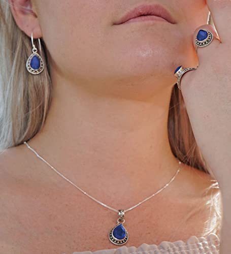 Sivalya Amalfi Raw Sapphire Necklace And Earrings Set In Solid Silver - Jewelry Set For Women In 925 Sterling Silver - Natural Teardrop Raw Blue Sapphire Jewelry - Gift Box Packaging Included #TOP1