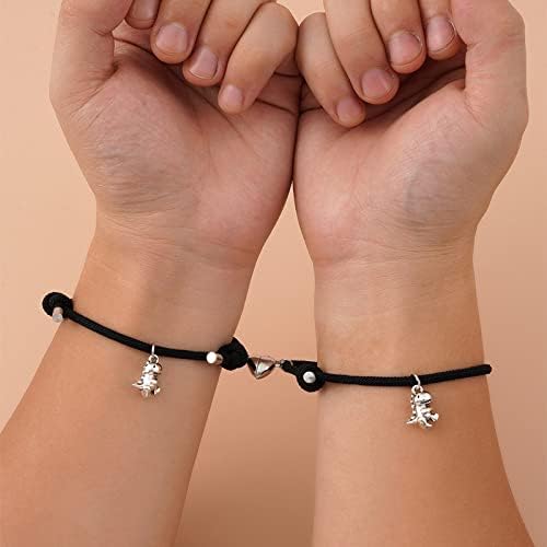QIAMNI 2PCS Dinosaur Love Pendant Magnetic Clasp Rope Bracelet for Women Girls Kids Handmade Cute Simple Personalised Best Friend Gift Jewelry - Image 4