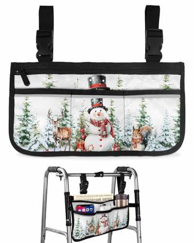 Anzona Christmas Snowman Wheelchair Side Bag Walker Bag, Xmas Trees Deer Squirrel Pine Wheelchair Accessories Armrest Pouch, Organizer Storage Bag for Walkers, Rollators, Scooters, 7.3''x13''