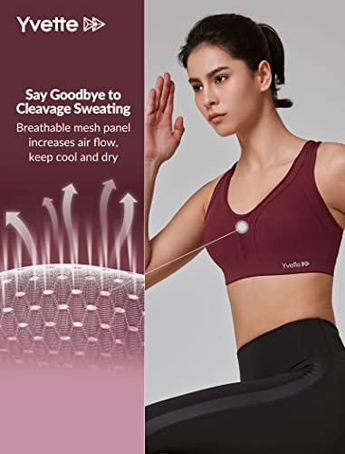 Yvette Women High Impact Sports Bras Criss Cross Back Sexy Running Bra for Plus Size, Burgundy, 2XL(AC)