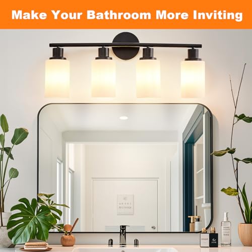 Image of DLLT 4-Light Bathroom Light Fixtures: Black Modern Vanity Lights with E26 Bulbs - Milky White Glass Shade Bathroom Wall Lamp for Mirror Kitchen Living Room Hallway Cabinet Porch