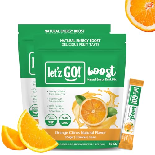 Image of Let'z Go Clean Energy Drink Mix - Natural Caffeine Packets, Electrolyte Drink Mix, Sugar-Free, Zero Calories | Anytime Energy | 15 Count (Orange Citrus - Pack of 2)