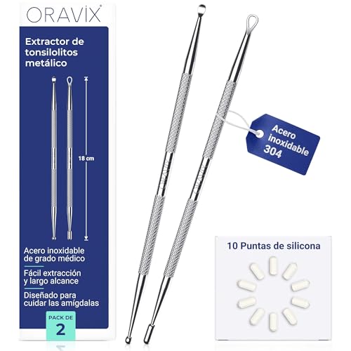 Oravix Extractor de tonsilolitos metálico – Pack de 2 (18 cm), Eliminador de mal aliento, Kit tonsilolitos, Limpiador amigdalas con 10 puntas de silicona, Kit eliminación piedras amigdalas