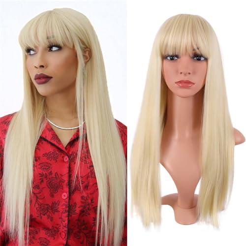 ZXTGBQ Pelucas Mujer, Pelucas Mujer Pelo Natural, pelucas Rubias Con Flequillo, 24 Pulgada/60 cm, Peluca Ombre de Pelo Sintético Natuaral Resistente al Calor, Halloween/Fiesta y Uso Diario