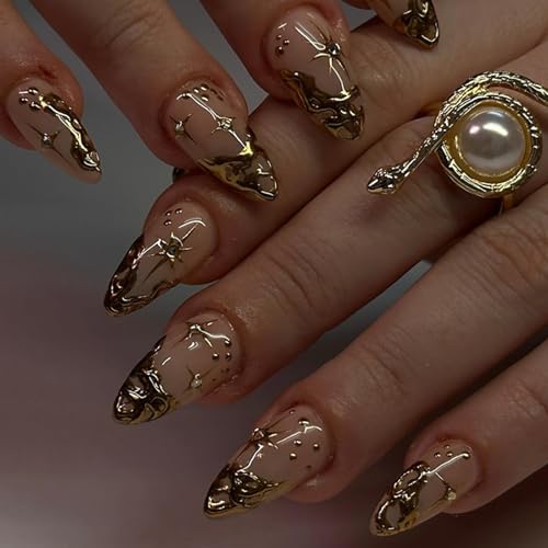 24Pcs French Tip Press on Nails Almond Medium Length, 3D Sun Moon Fake Nails with Designs, Gold Shiny False Nails Kit, Supremely Fit & Natural Reusable Stick On Nails for Women, 12 Sizes