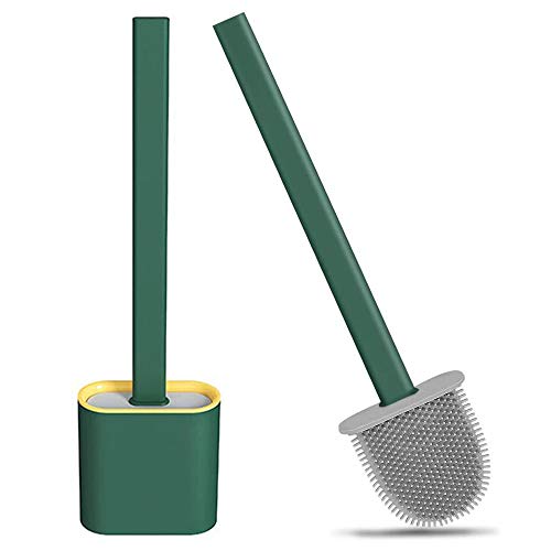 XD Designs Cepillo de Silicona para Inodoro con Juego de Soporte de Secado rápido, cepillos de Inodoro con Mango Largo de plástico Antideslizante y cerdas Flexibles-Green Cover